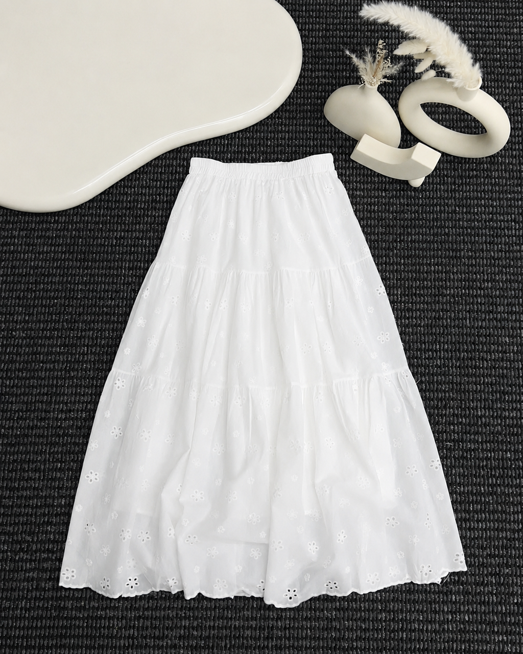 Women’s Boho Tiered Maxi Skirt - Elastic High Waist Flowy Eyelet Lace Long Summer Skirt