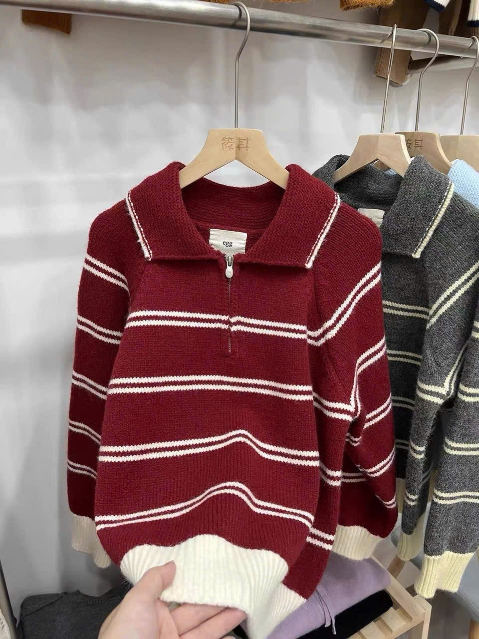 Women's Oversized Half-Zip Striped Knit Sweater