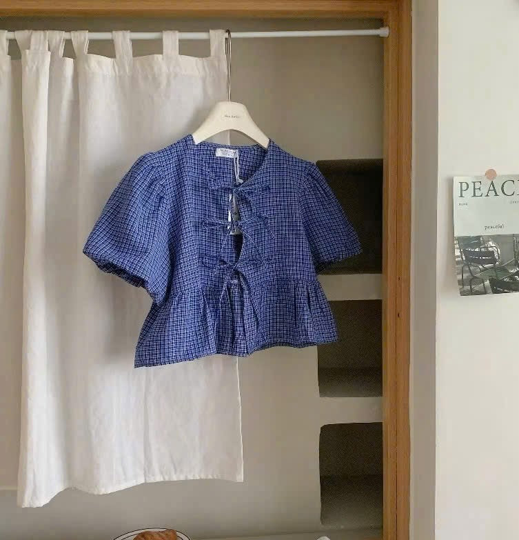 Women's Tie-Front Babydoll Blouse with Puff Sleeves