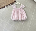 Women's Sweet Pastel Babydoll Top - Square Neck Bubble Blouse with 3D Corsage Floral Accent