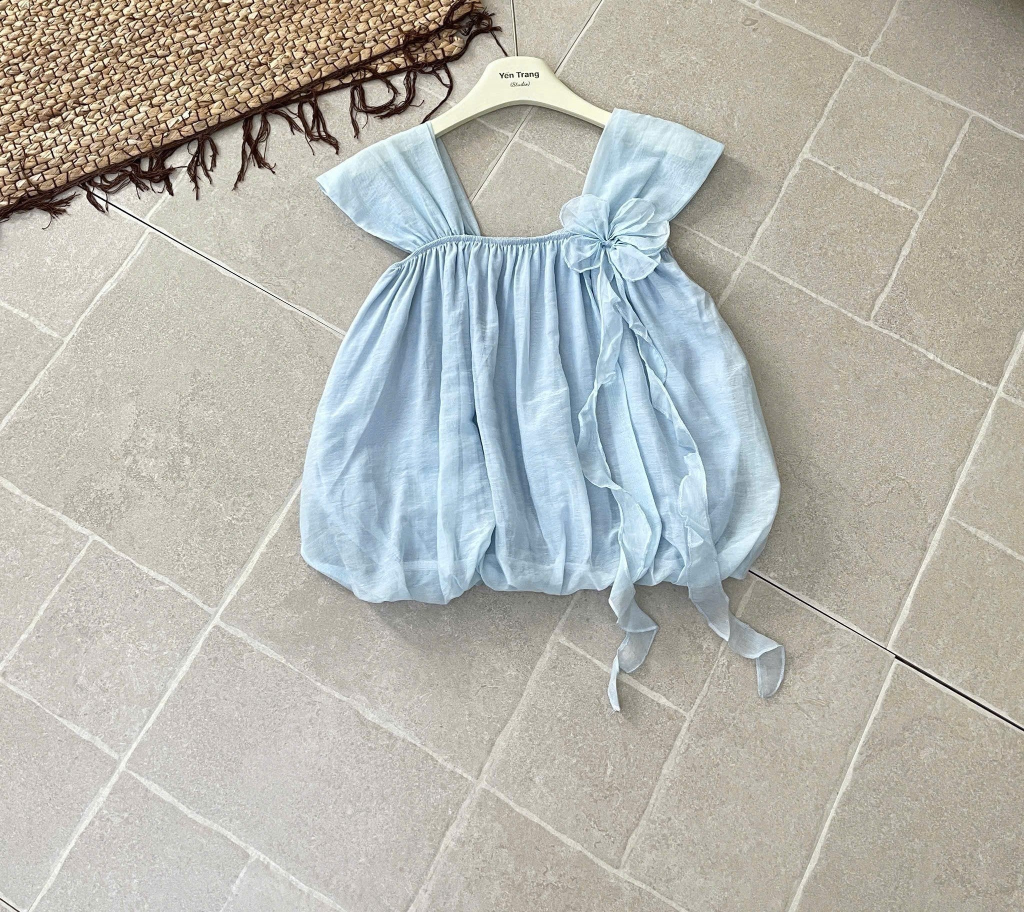 Women's Sweet Pastel Babydoll Top - Square Neck Bubble Blouse with 3D Corsage Floral Accent