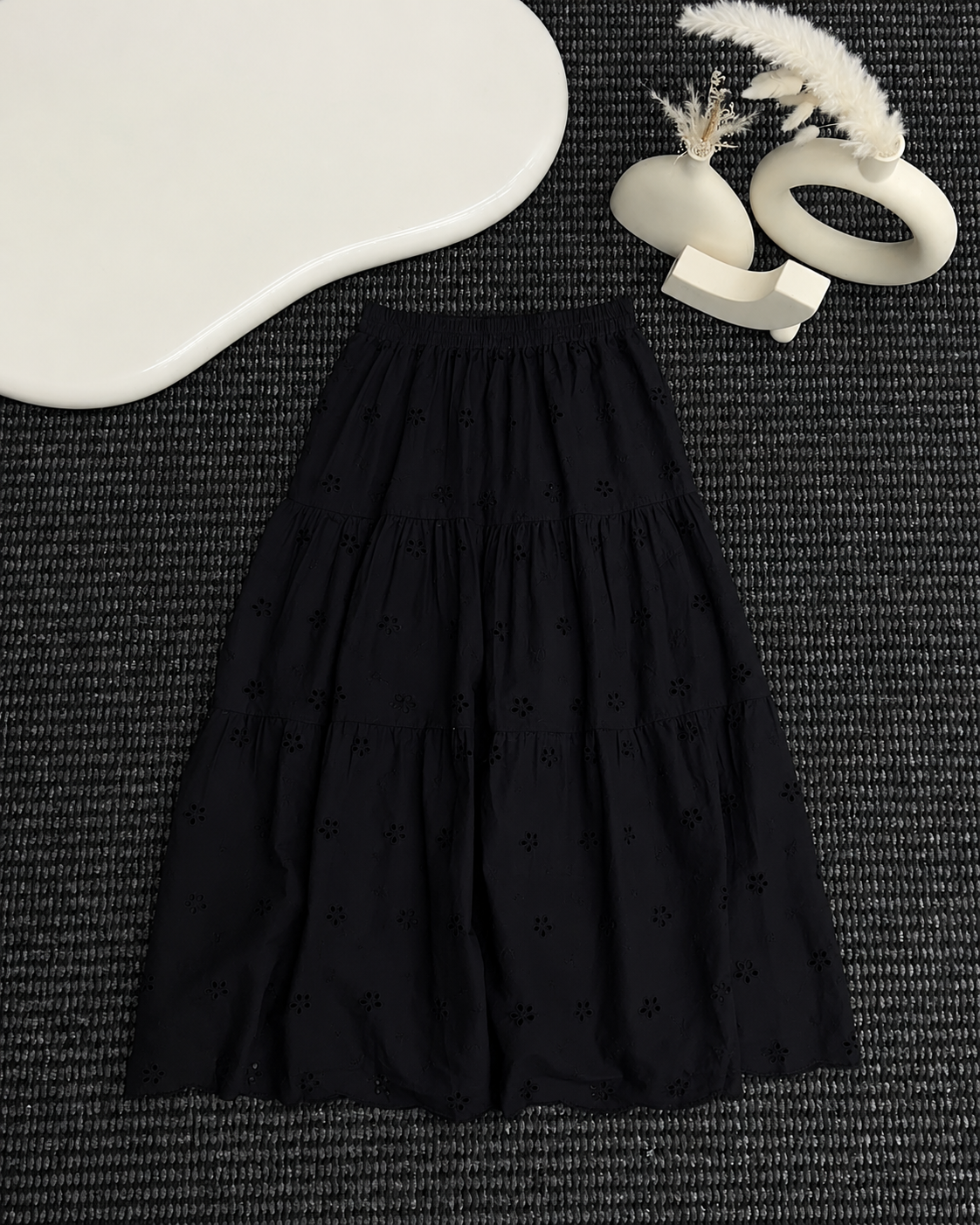 Women’s Boho Tiered Maxi Skirt - Elastic High Waist Flowy Eyelet Lace Long Summer Skirt