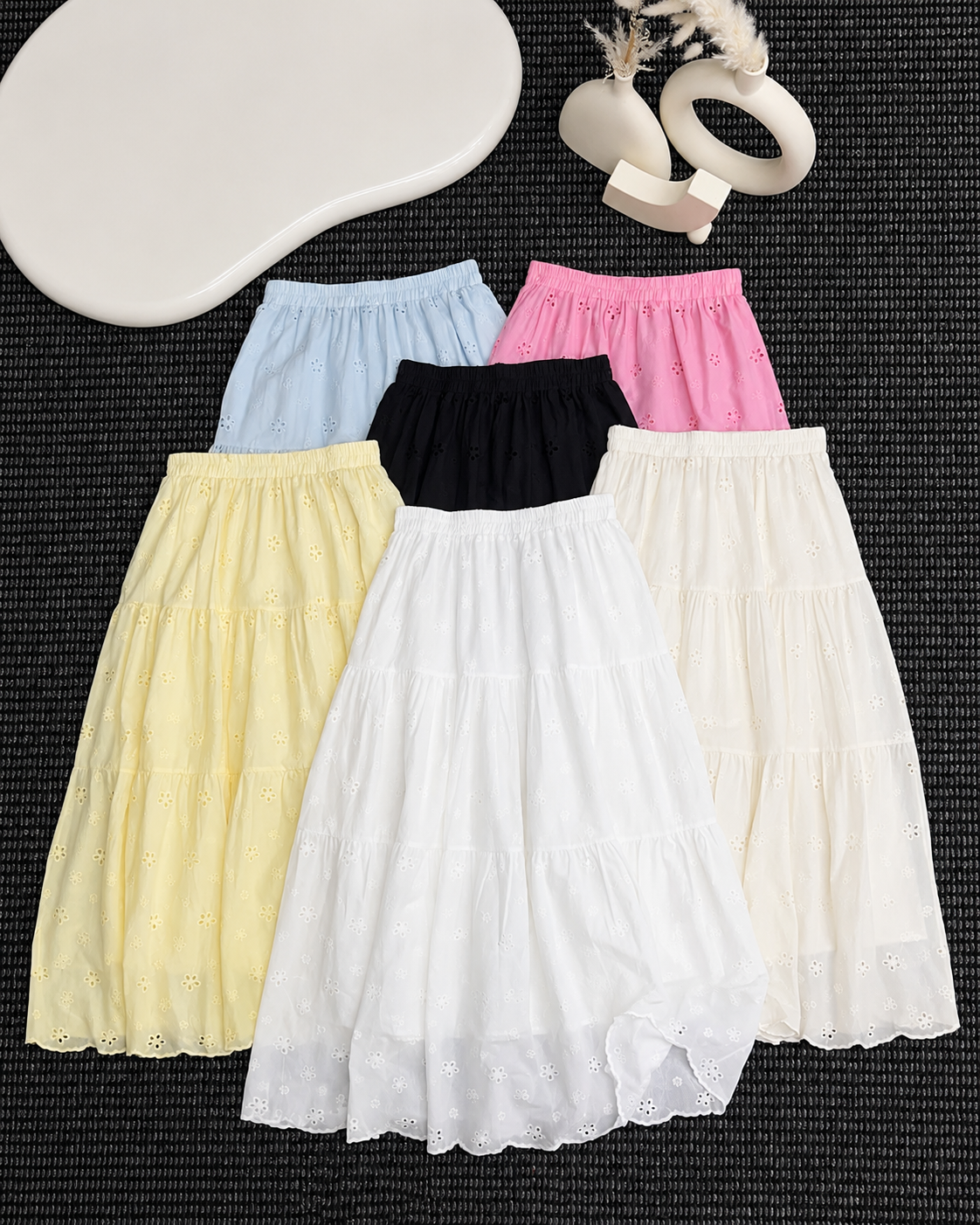 Women’s Boho Tiered Maxi Skirt - Elastic High Waist Flowy Eyelet Lace Long Summer Skirt