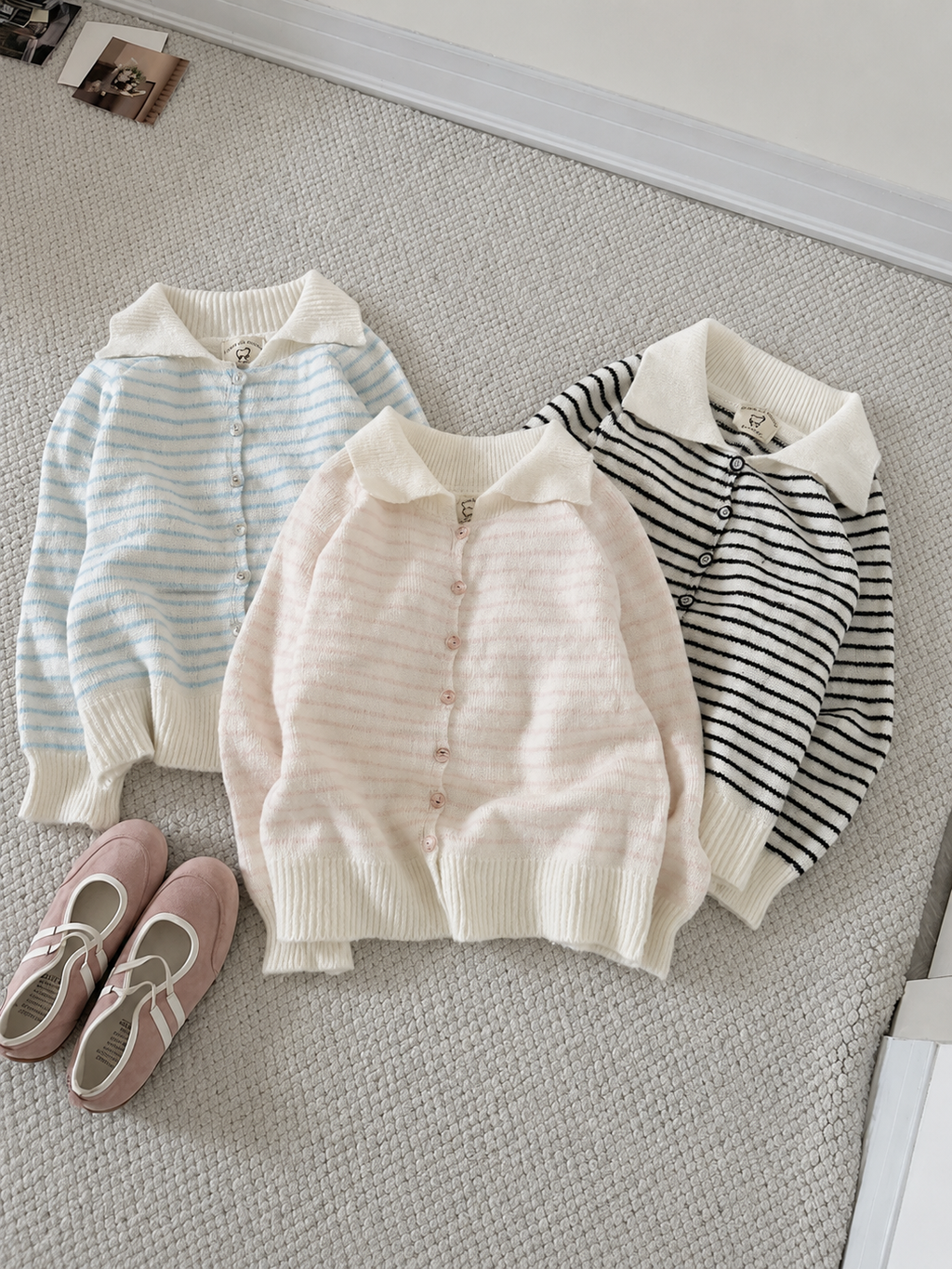 Women's Soft Knit Collared Striped Cardigan - Cozy Button-Up Polo Sweater