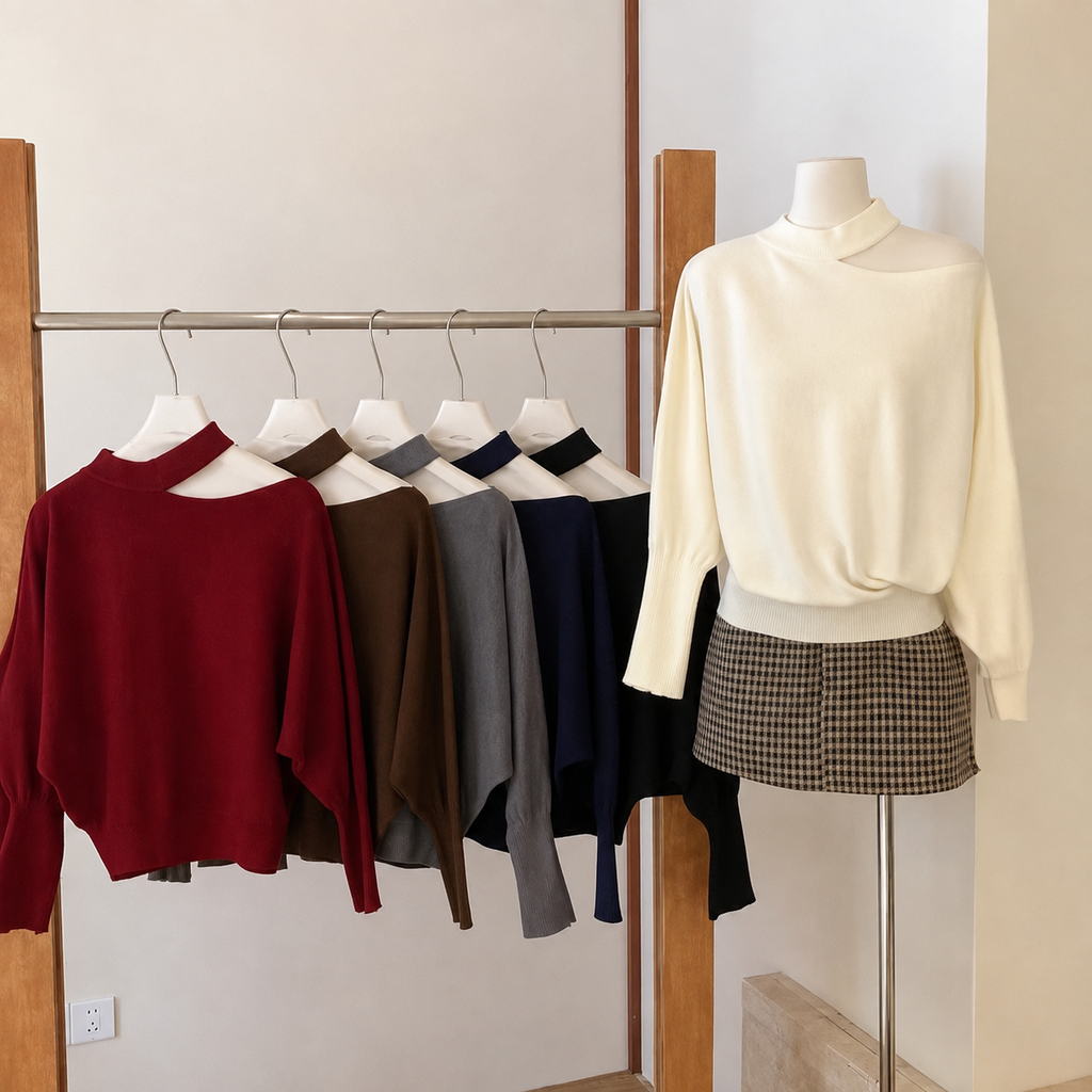 Cutout Mock-Neck Batwing Sleeve Knit Sweater