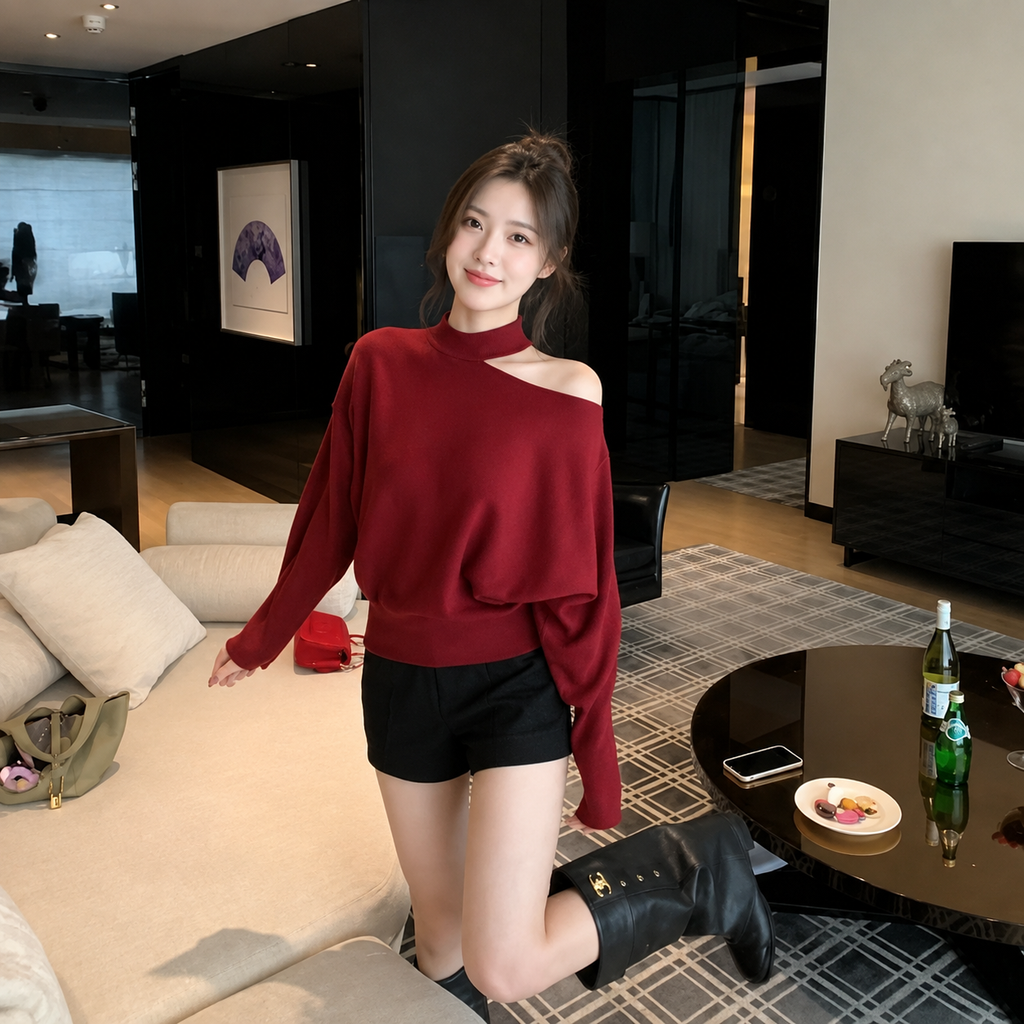 Cutout Mock-Neck Batwing Sleeve Knit Sweater