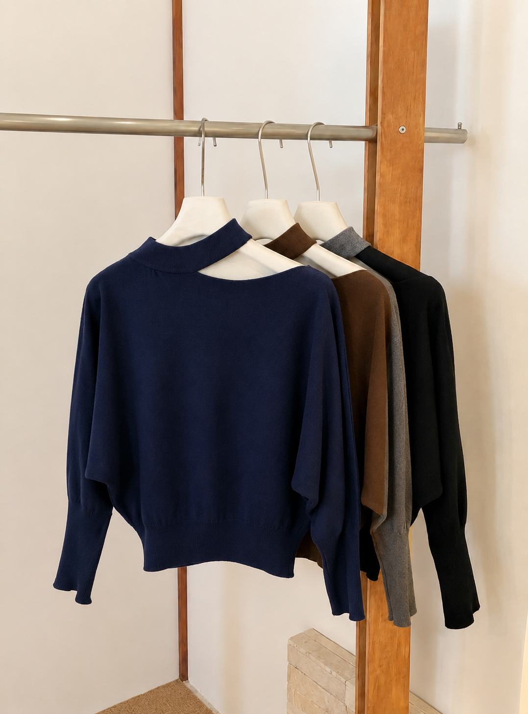 Cutout Mock-Neck Batwing Sleeve Knit Sweater