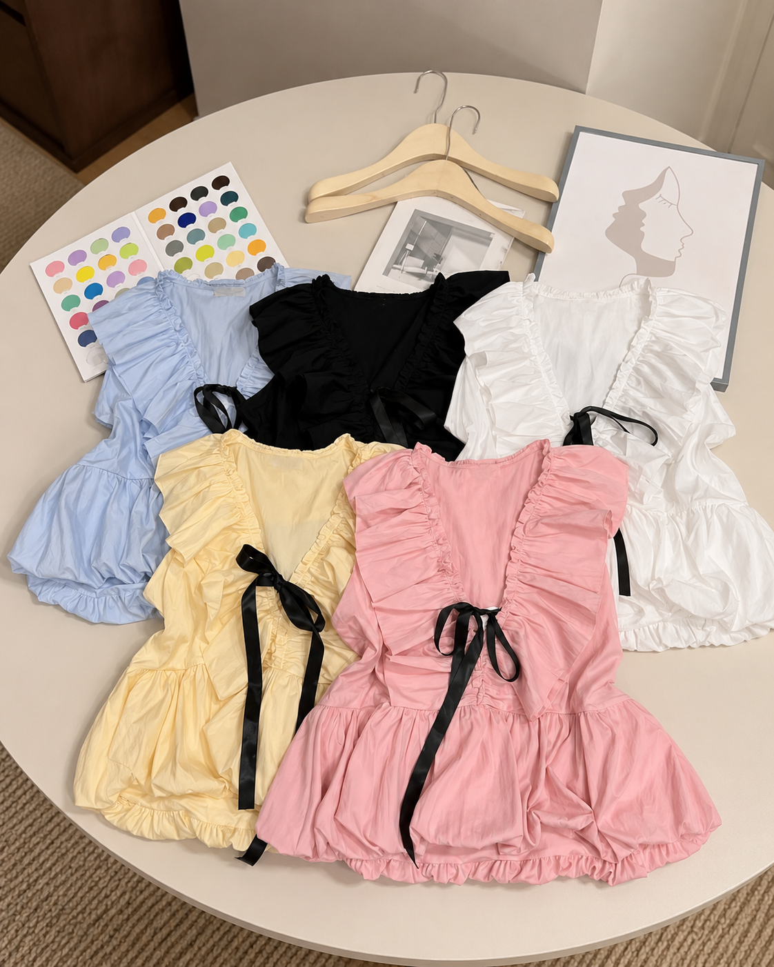 Women’s V-Neck Ruffle Trim Babydoll Blouse - Sleeveless Peplum Top with Contrast Front Tie Bow Accent