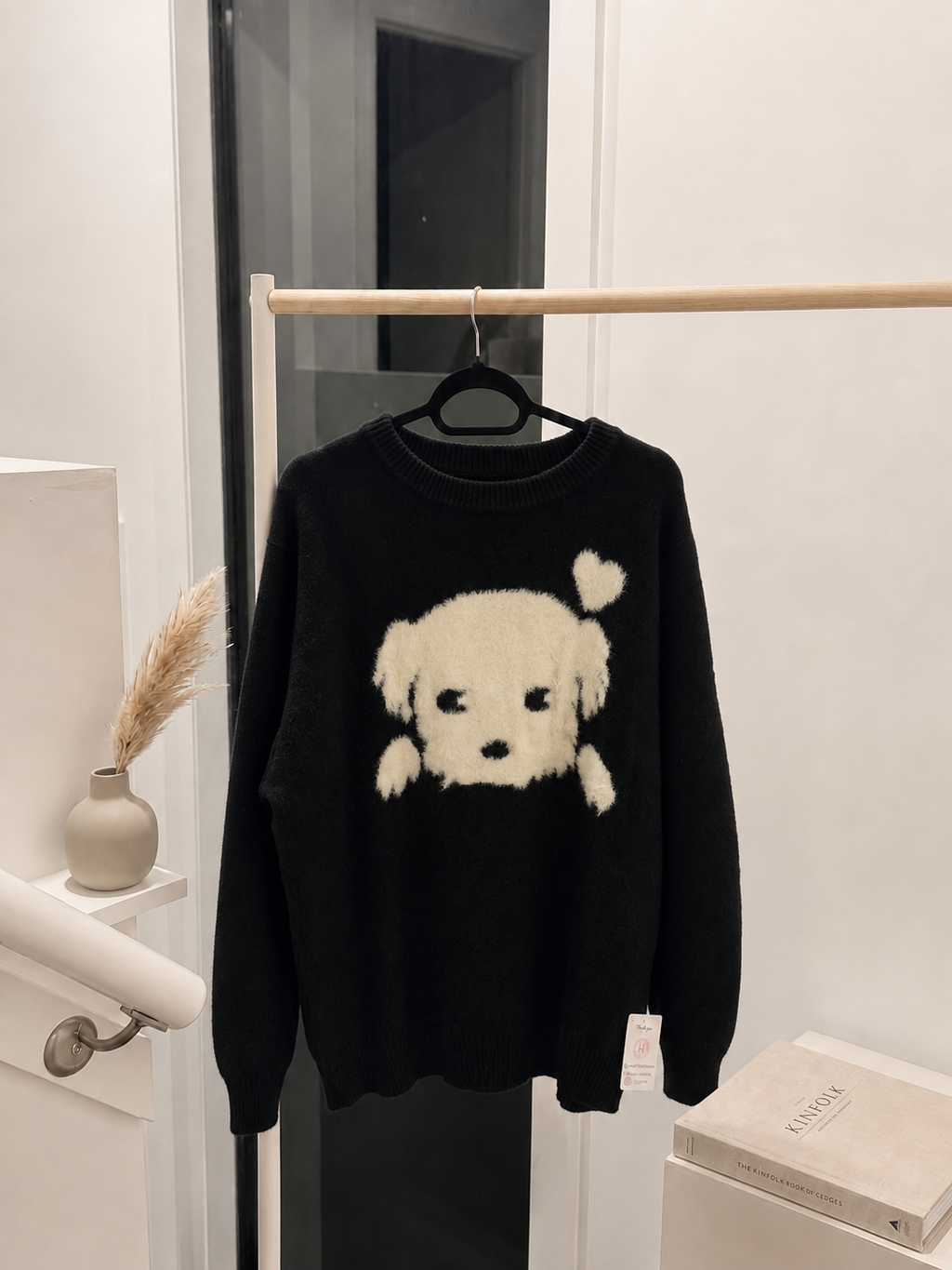 Oversized Crewneck Knit Pullover - Fuzzy Puppy Dog Intarsia Pattern