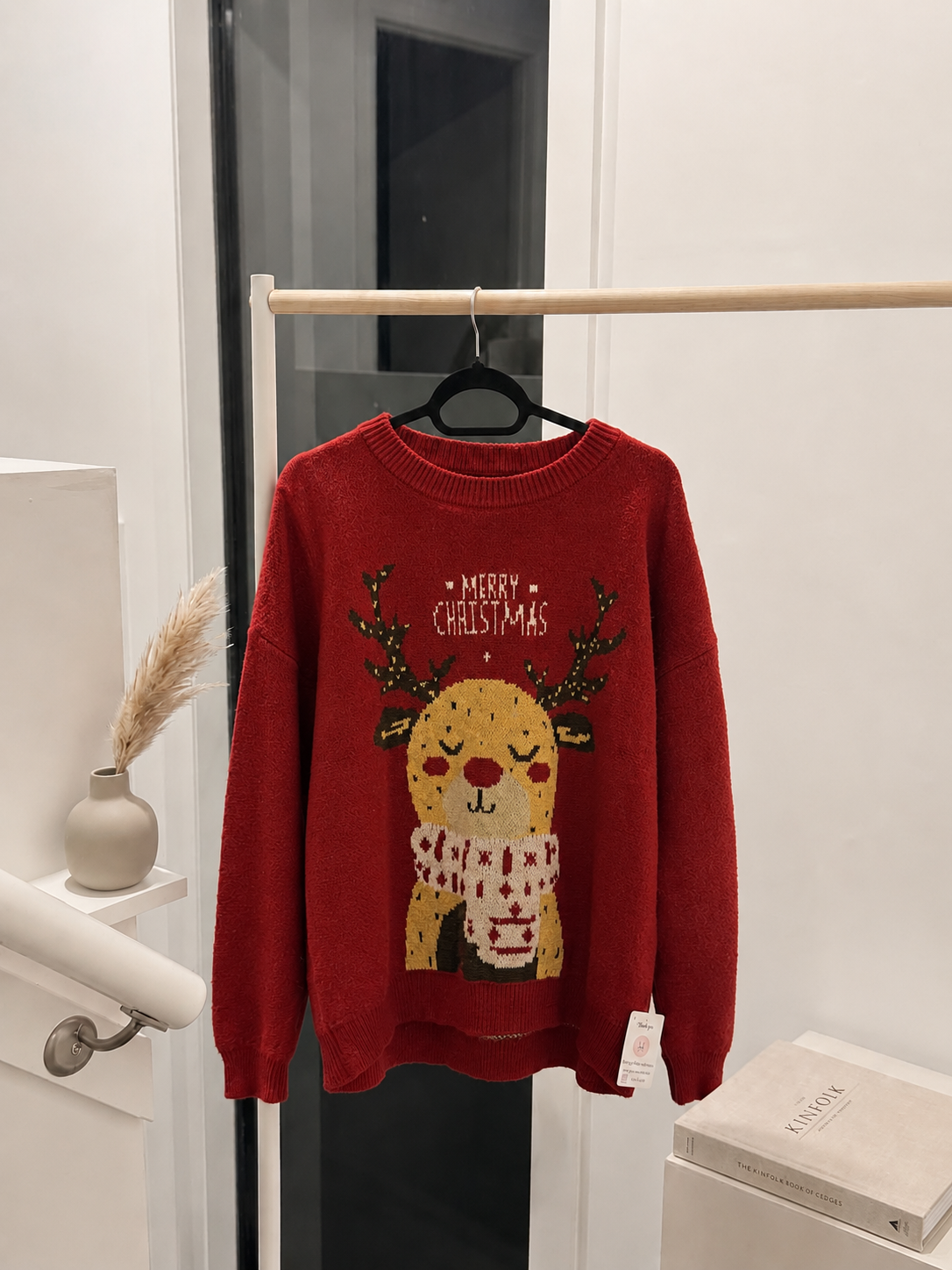 Festive Reindeer "Merry Christmas" Knit Pullover Sweater - Cozy Holiday Crewneck