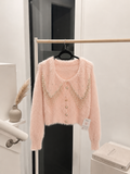 Women's Elegant Pearl Beaded Faux Mink Cardigan - Cropped Peter Pan Collar Fuzzy Knit Sweater