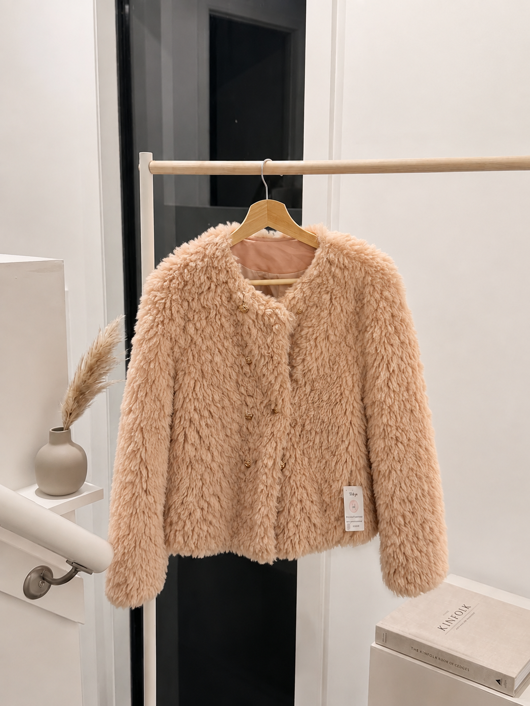 Luxurious Collarless Faux Fur Shag Jacket in Dusty Rose / Nude