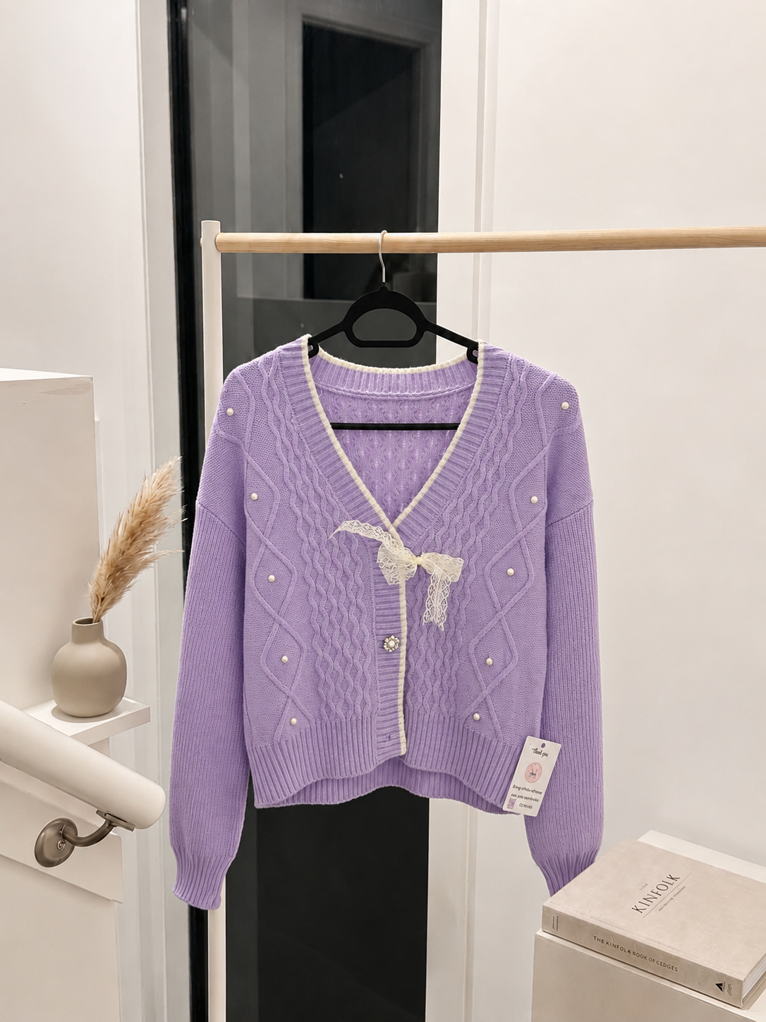 Women's Vintage-Inspired Cable Knit Cardigan - Lilac V-Neck Sweater with Pearl Accents and Lace Bow Detail