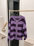 Women's Horizontal Striped Knit Cardigan - Purple & Dark Violet Crewneck Button-Down Sweater