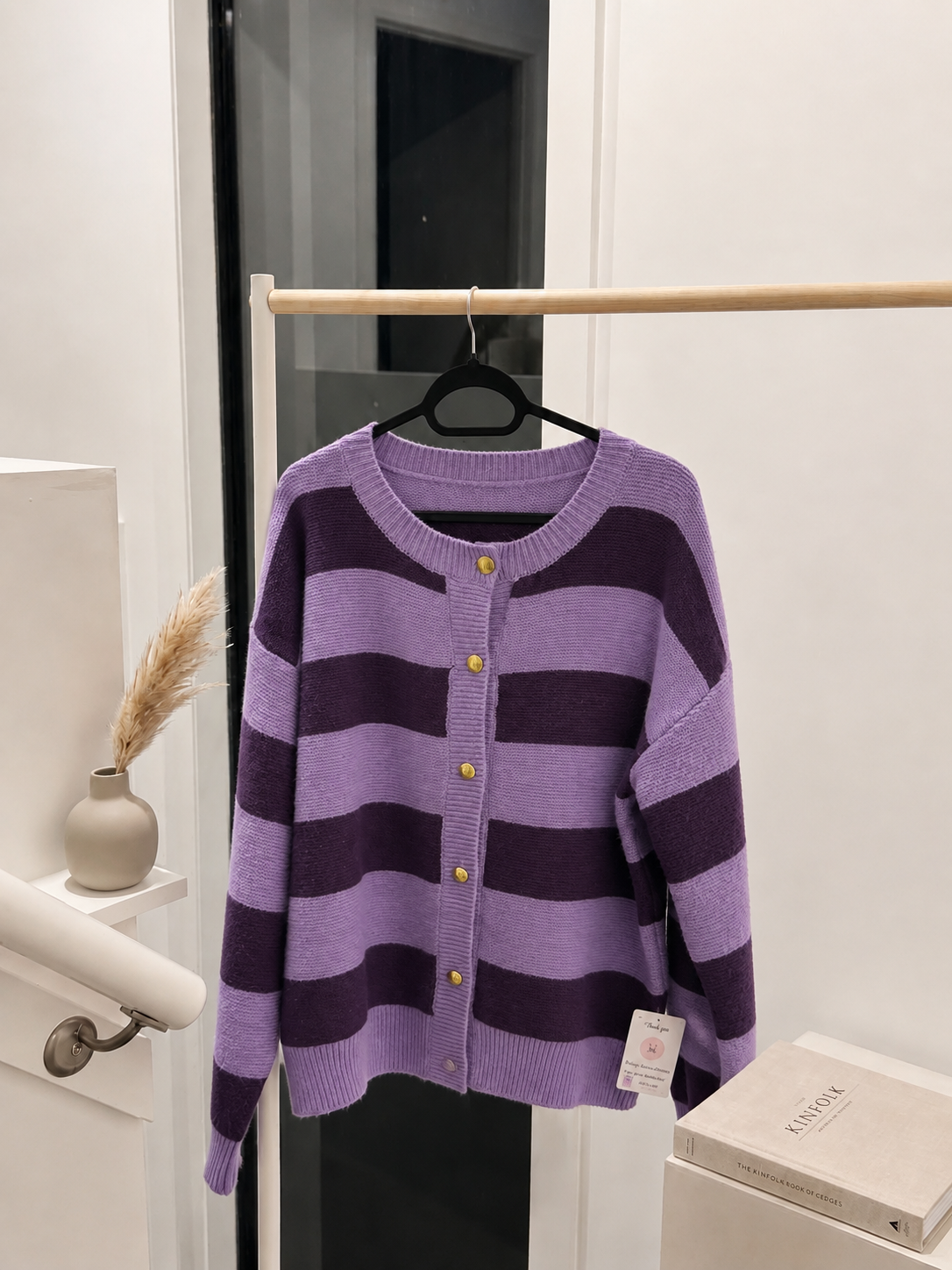 Women's Horizontal Striped Knit Cardigan - Purple & Dark Violet Crewneck Button-Down Sweater