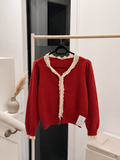 Women’s Vintage-Inspired Lace-Trim Knit Cardigan - Cottagecore Long Sleeve V-Neck Button Sweater