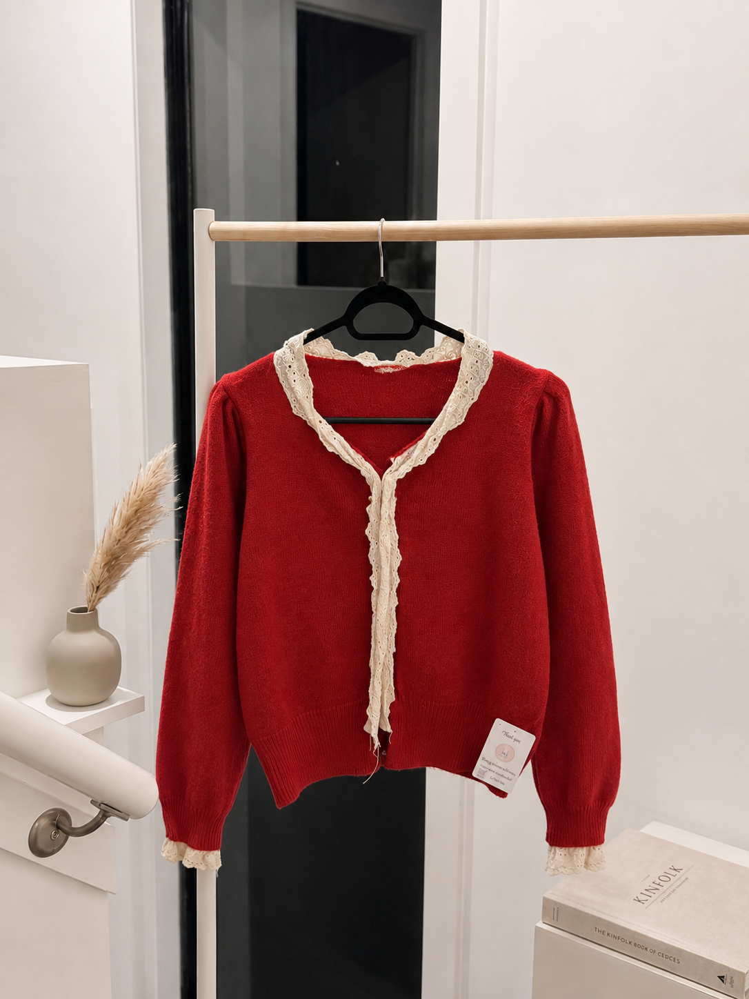 Women’s Vintage-Inspired Lace-Trim Knit Cardigan - Cottagecore Long Sleeve V-Neck Button Sweater