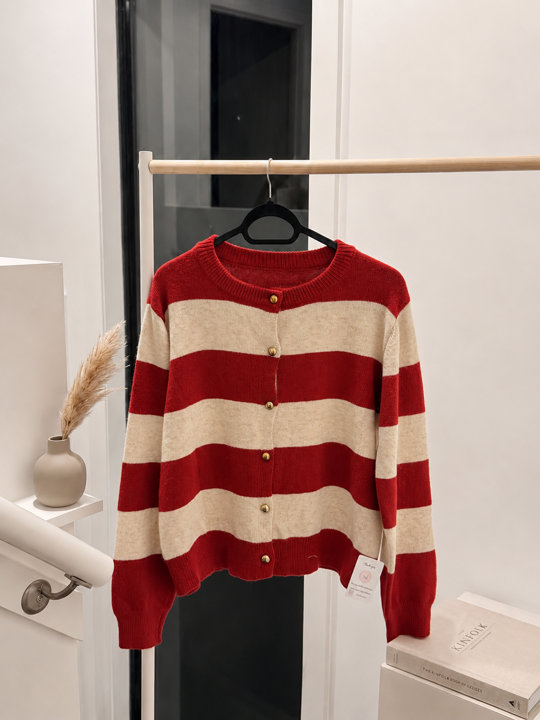 Women's Crew Neck Striped Knit Cardigan - Red and Cream Button-Up Long Sleeve Sweater
