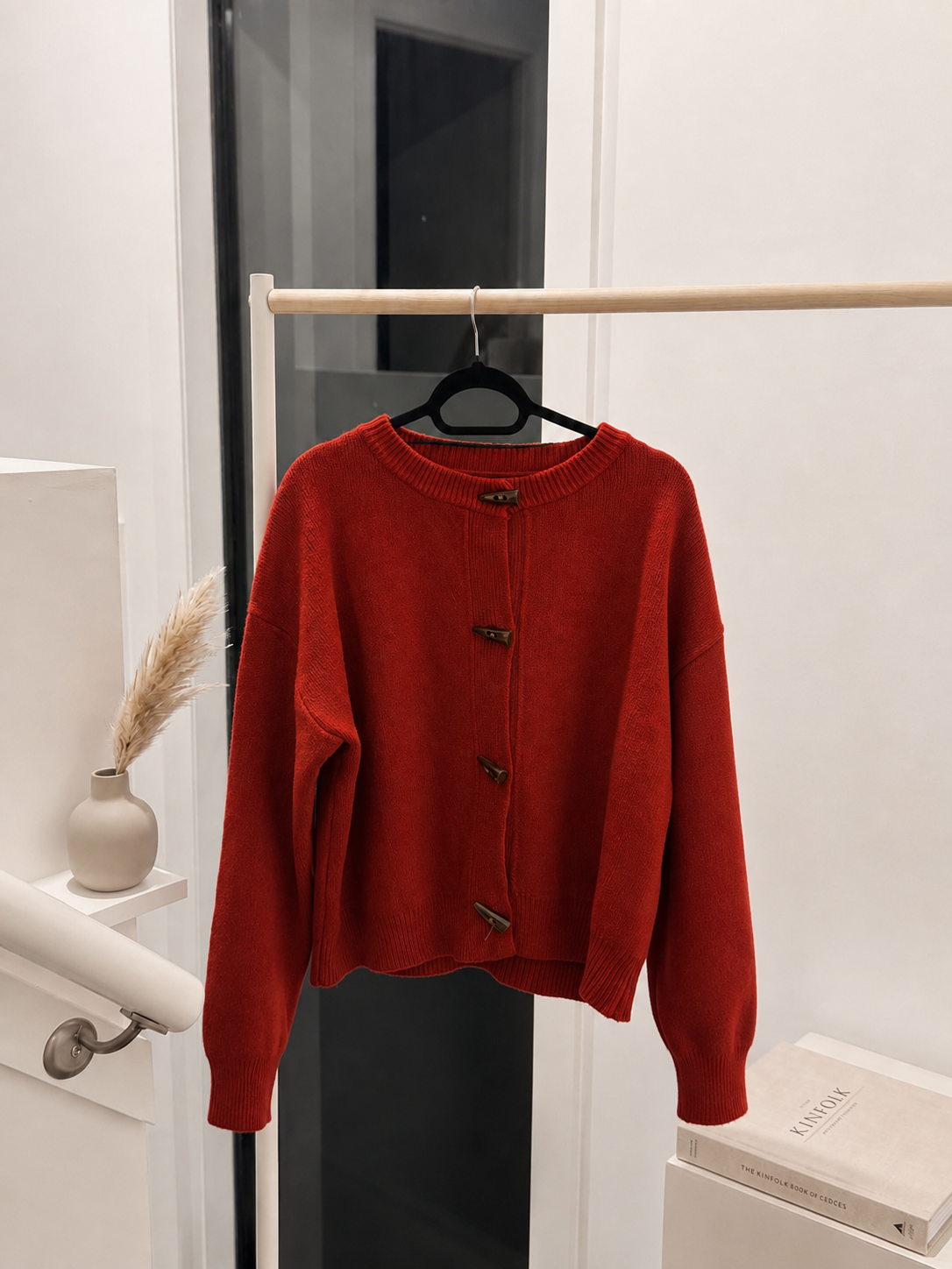 Women's Cozy Knit Crew Neck Cardigan Sweater with Vintage-Style Horn Toggle Buttons - Saturated Red