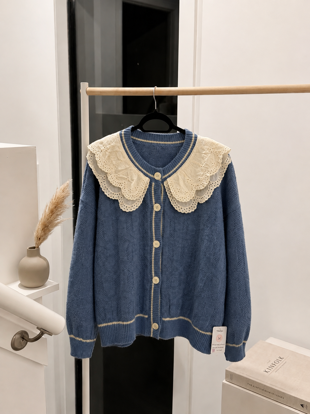 Women's Vintage-Style Cable Knit Button-Down Cardigan with Statement Double-Layer Lace Peter Pan Collar - Slate Blue