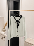 French Vintage Contrast Trim Bow-Tie Knit Cardigan - Mint Green