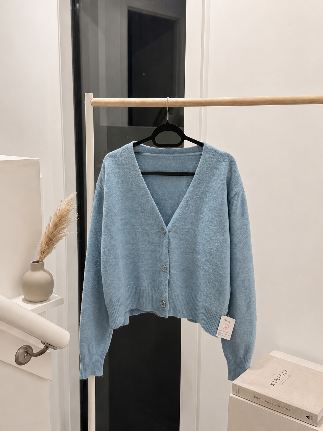 Soft Knit V-Neck Cropped Cardigan Sweater in Pastel Dusty Blue