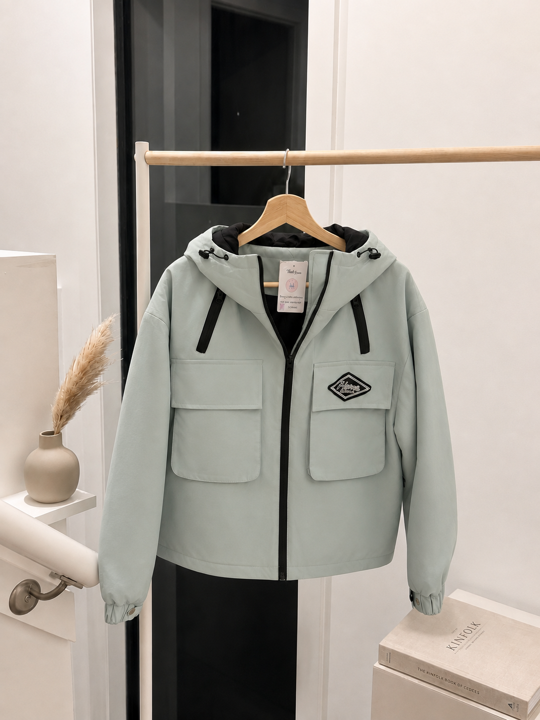 Lightweight Hooded Cargo Utility Jacket in Mint Green