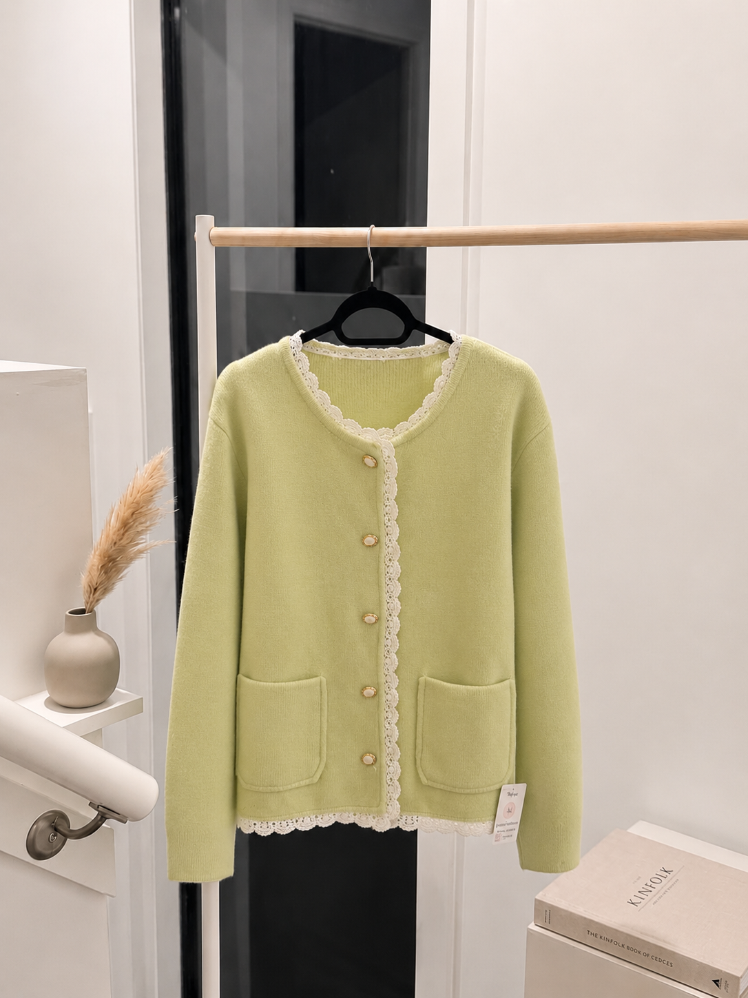 Women's Pastel Green Knit Cardigan with Delicate Lace Trim and Patch Pockets