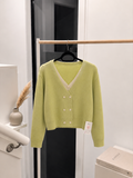 Women's Contrast Trim Double-Breasted Cropped Knit Cardigan - Lime Green