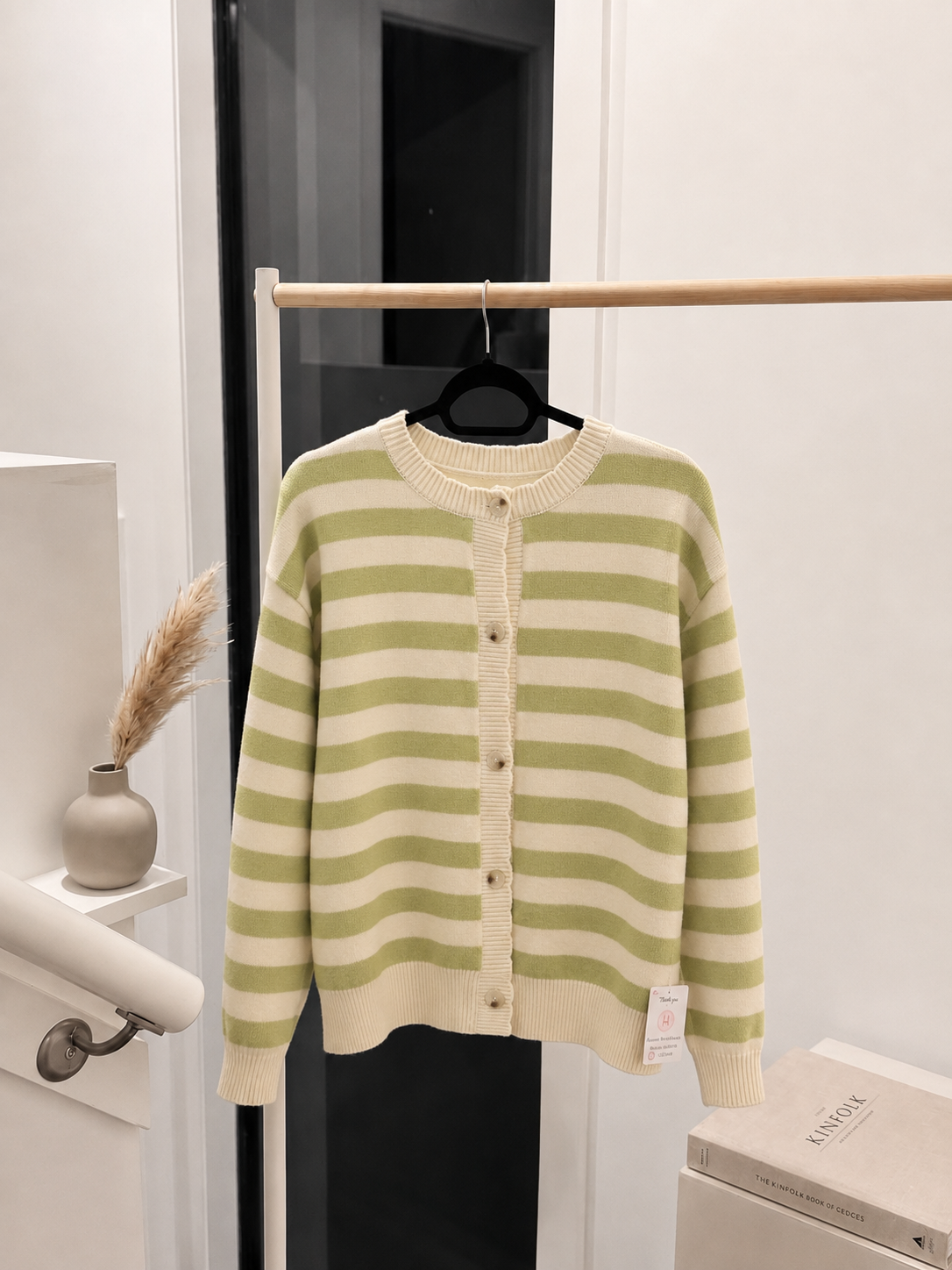 Sage & Cream Striped Round-Neck Knit Cardigan