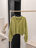 Women's V-Neck Shaggy Crop Cardigan Knit Sweater - Olive Green