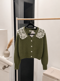 Women's Vintage Cottagecore Sage Green Ribbed Knit Cardigan with Oversized Statement Lace Collar