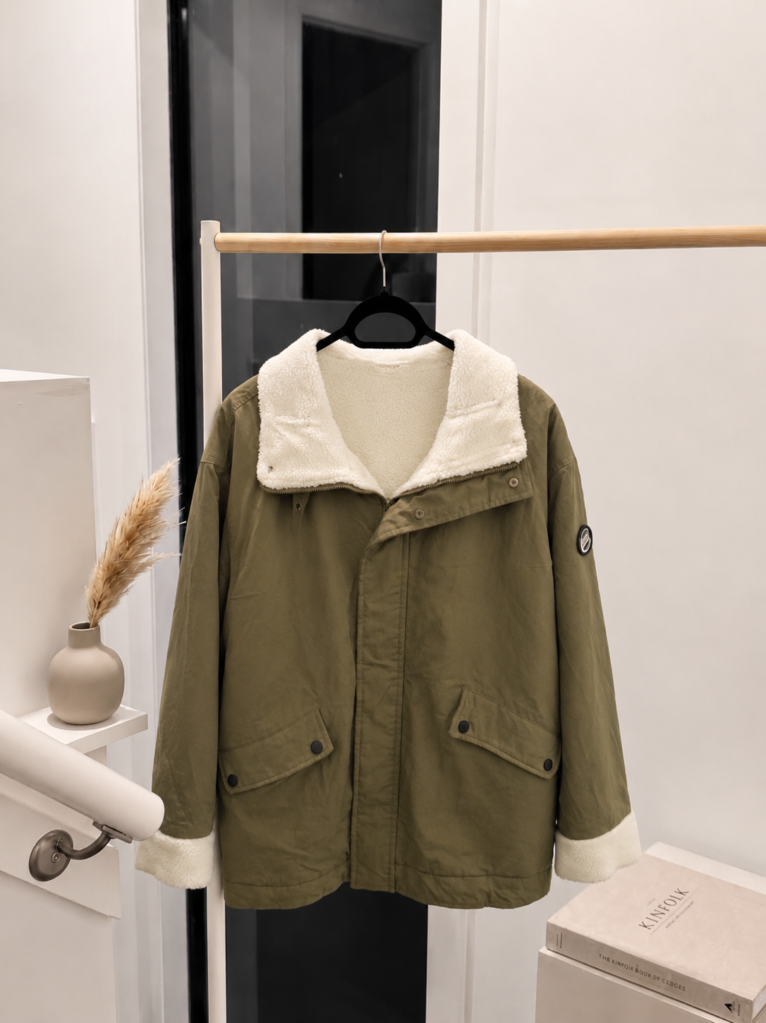 Oversized Sherpa-Lined Cargo Jacket in Khaki Green