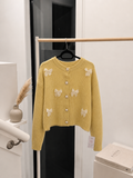 Coquette Style Yellow Knit Cardigan with Pearl Buttons and Tulle Bow Appliqués