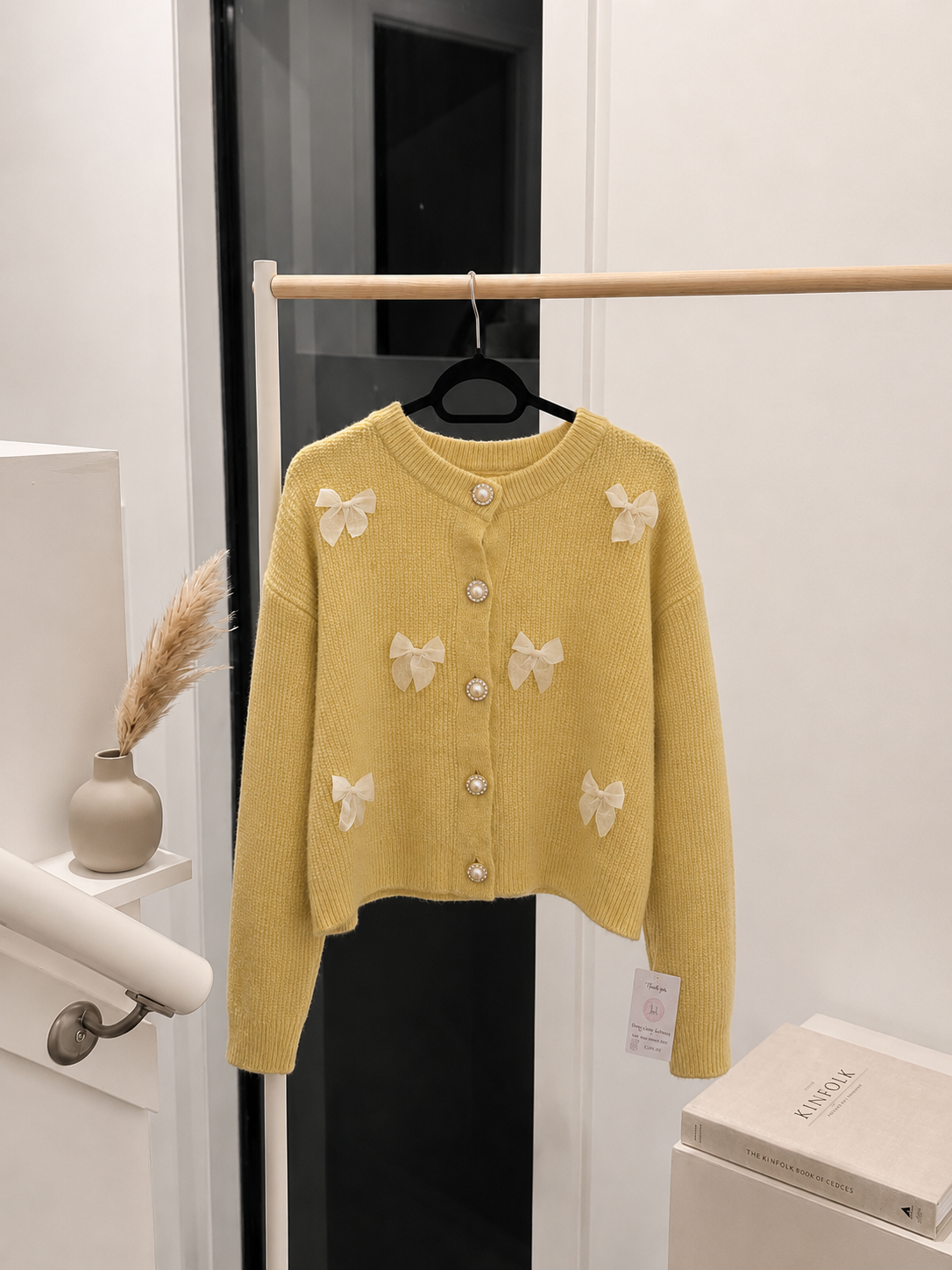 Coquette Style Yellow Knit Cardigan with Pearl Buttons and Tulle Bow Appliqués