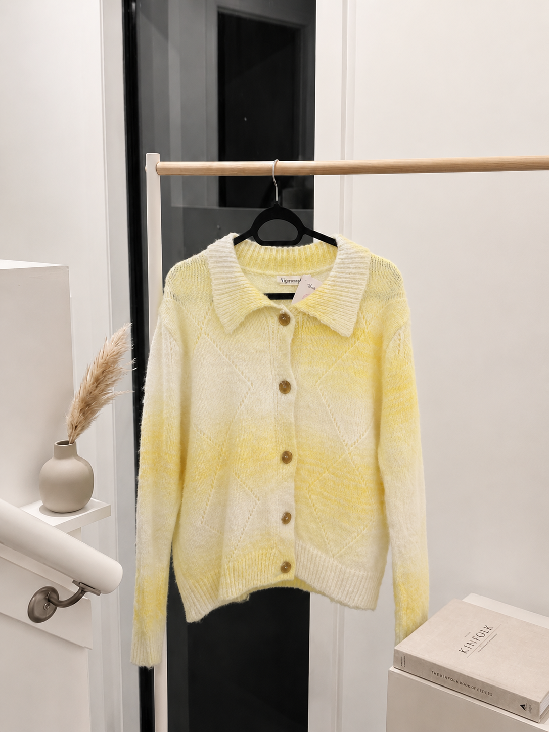 Women's Ombre Diamond Knit Pointelle Cardigan with Collar Detail
