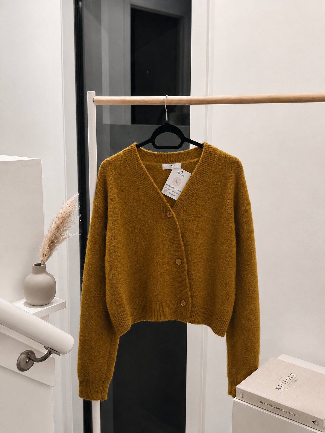 Women's Cropped V-Neck Knit Cardigan Sweater in Mustard Yellow