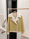 Women's Faux Suede & Shearling Double-Breasted Cropped Mustang Jacket in Soft Mustard Yellow