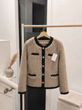 Women's Contrast Trim Faux-Fur Teddy Fleece Jacket - Vintage French Style Button-Up Cardigan Coat