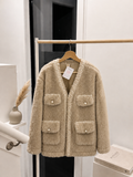 Elegance Pearl-Trimmed Faux Fur Sherpa Jacket in Warm Beige