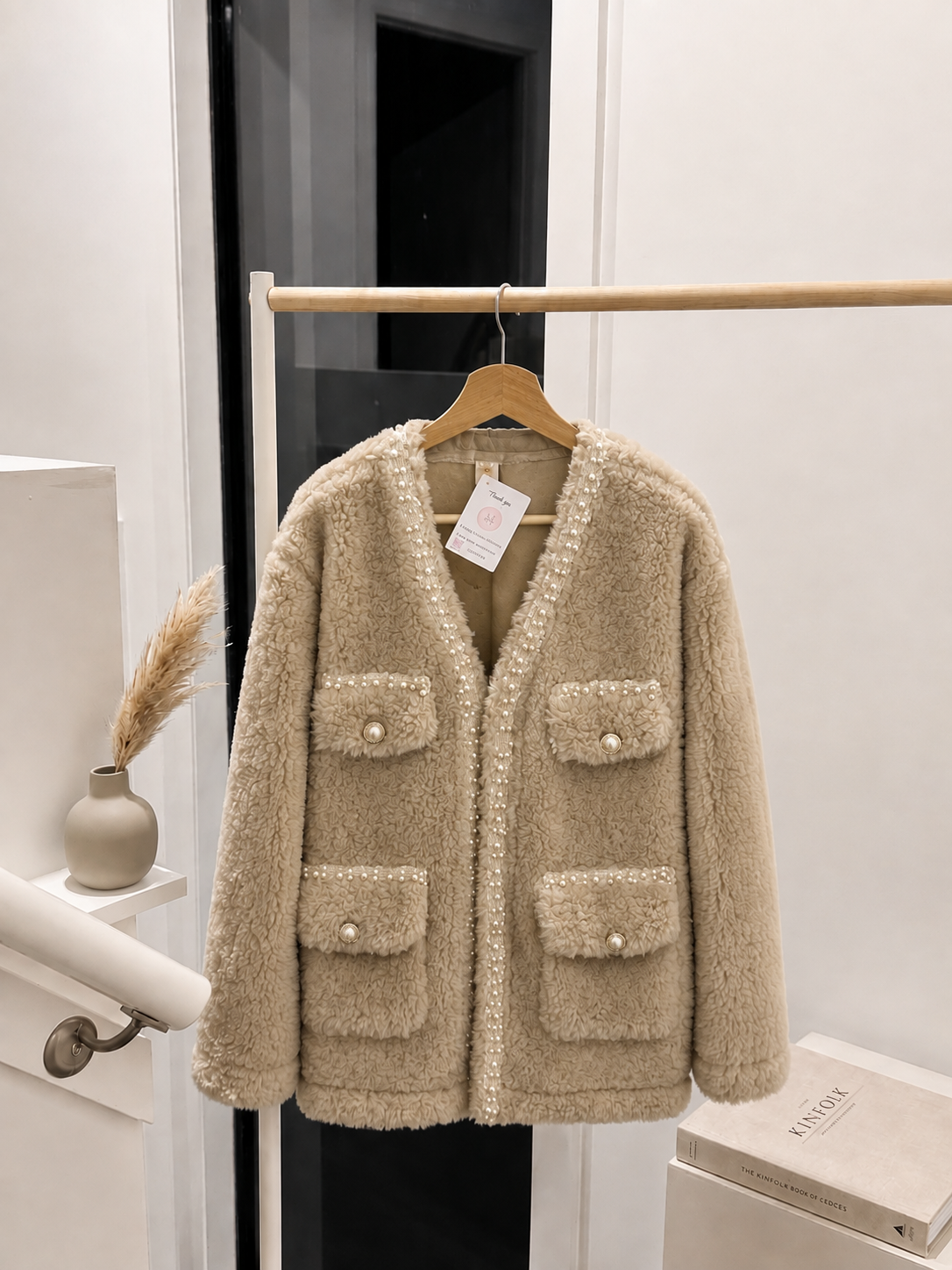 Elegance Pearl-Trimmed Faux Fur Sherpa Jacket in Warm Beige