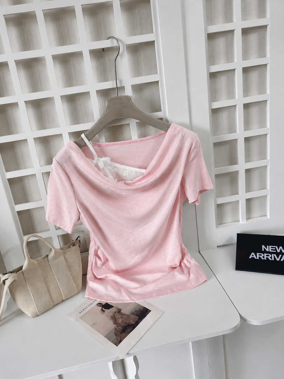 Women's fake 2-Piece Layered Cowl Neck Tee & Lace Camisole Set