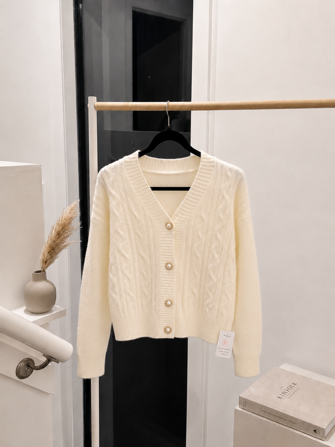 Classic V-Neck Cable Knit Cropped Cardigan Sweater in Cream White