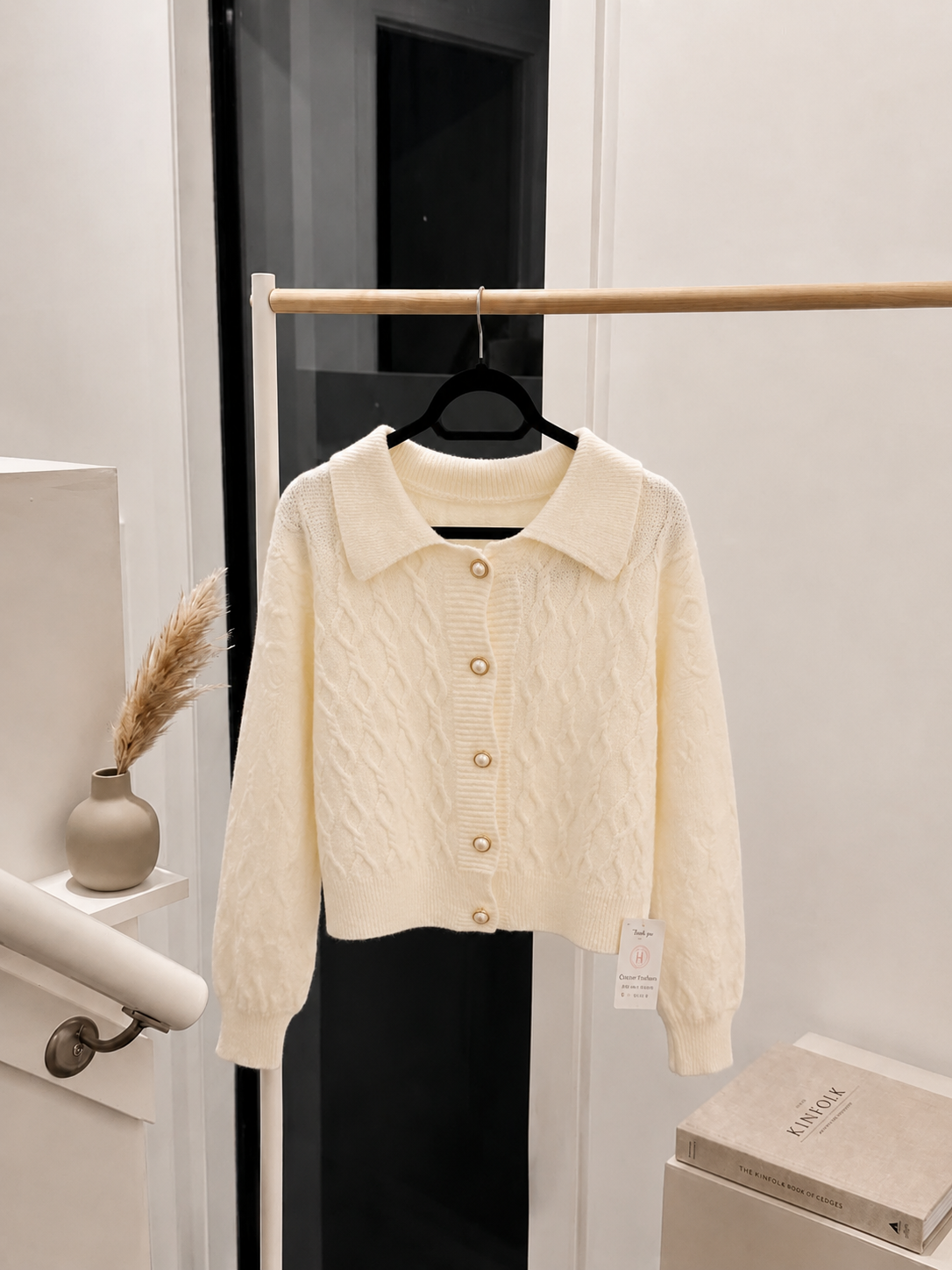 Vintage-Inspired Cream Cable-Knit Collared Cardigan Sweater