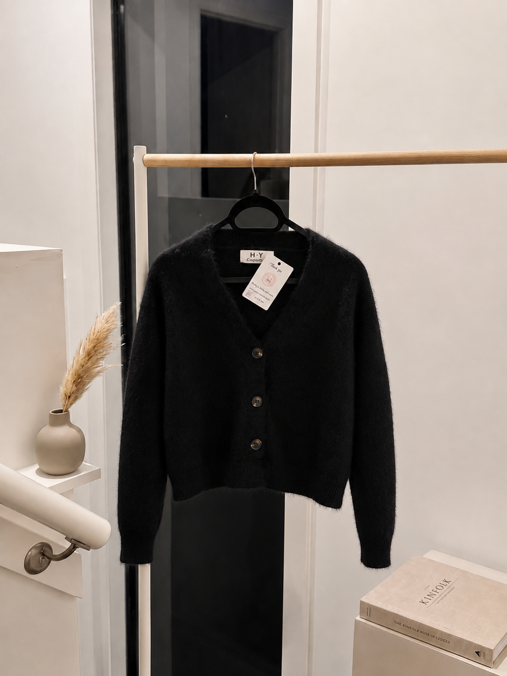 Women's Fluffy Black Cropped V-Neck Knit Cardigan