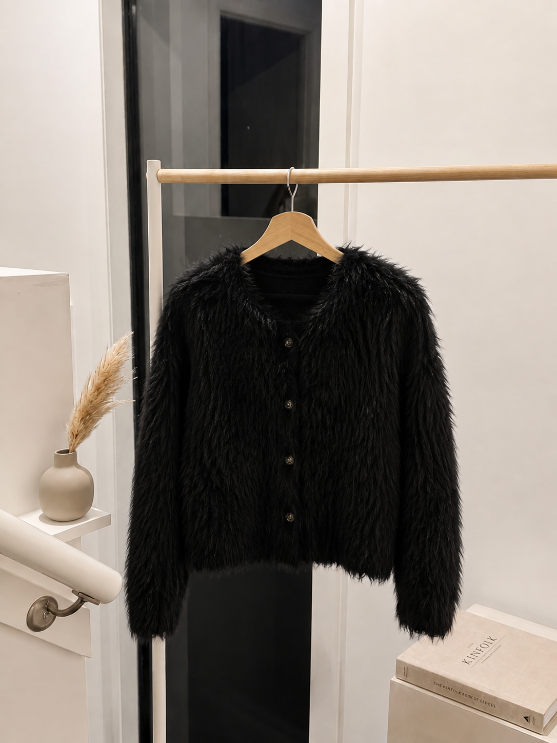 Women's Luxury Shaggy Faux Fur Cardigan - Cropped Plush Fuzzy Jacket with Button Front