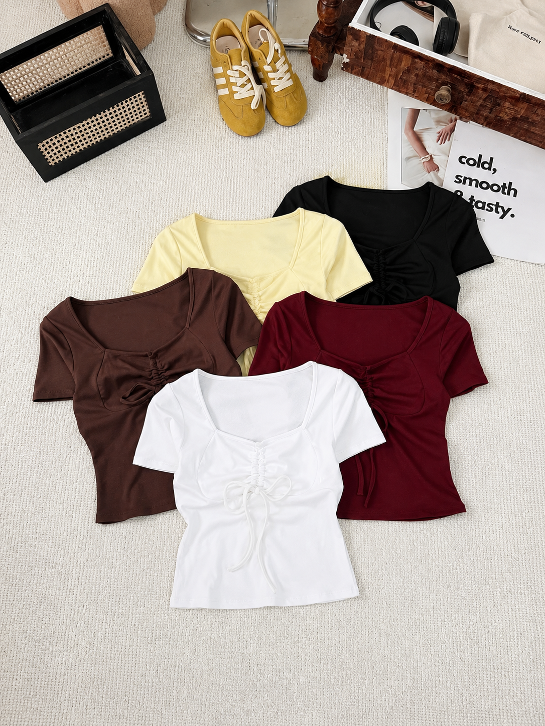 Women's Solid Ruched Front Crop Tee - Short Sleeve Sweetheart Neck Drawstring Ribbed Top