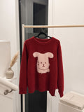 Cozy Red Crew Neck Fuzzy Bunny Motif Pullover Sweater