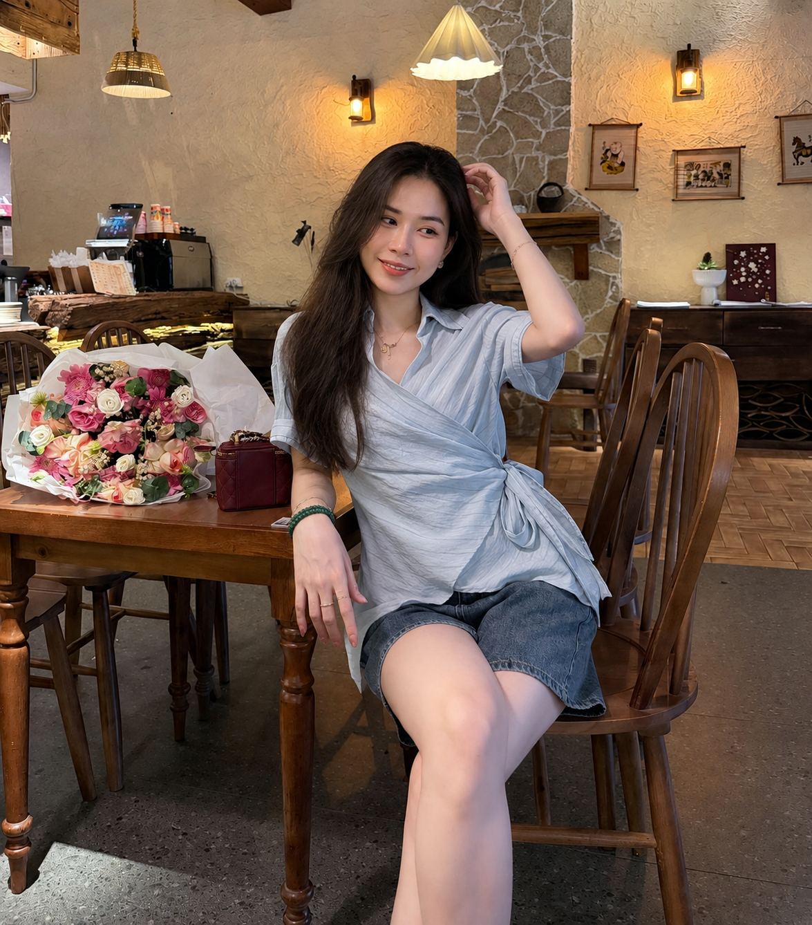 Women's Summer Pinstripe Linen-Blend Wrap Shirt with Tie-Waist