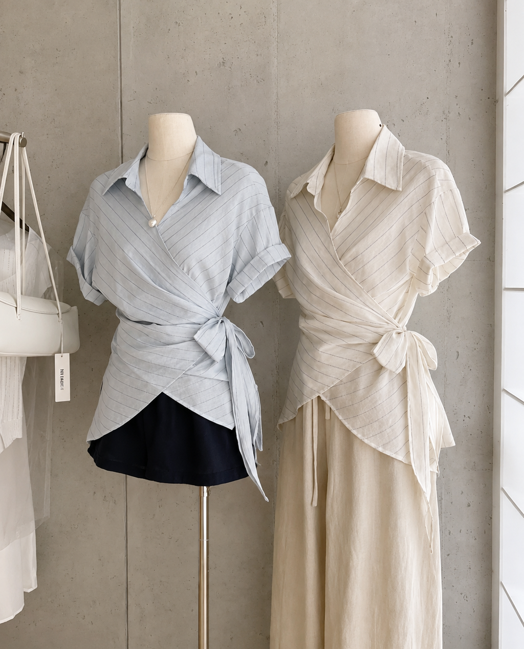 Women's Summer Pinstripe Linen-Blend Wrap Shirt with Tie-Waist